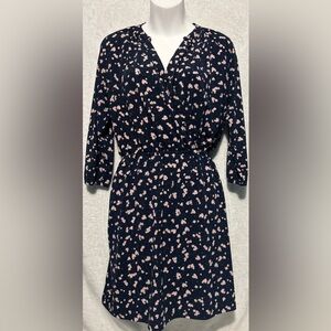 Collective Concepts Navy and Pink Floral 3/4 Sleeve Faux Wrap Waist Mini Dress